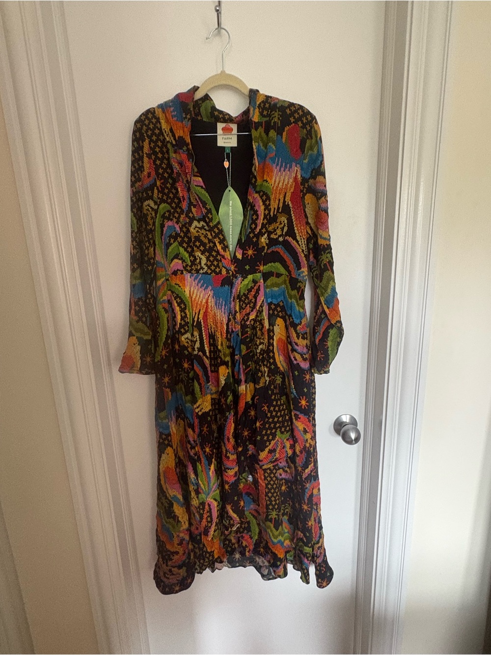 FARM Rio Black Macaw Island Abstract Midi Dress size Large NWT - Picture 1 of 12